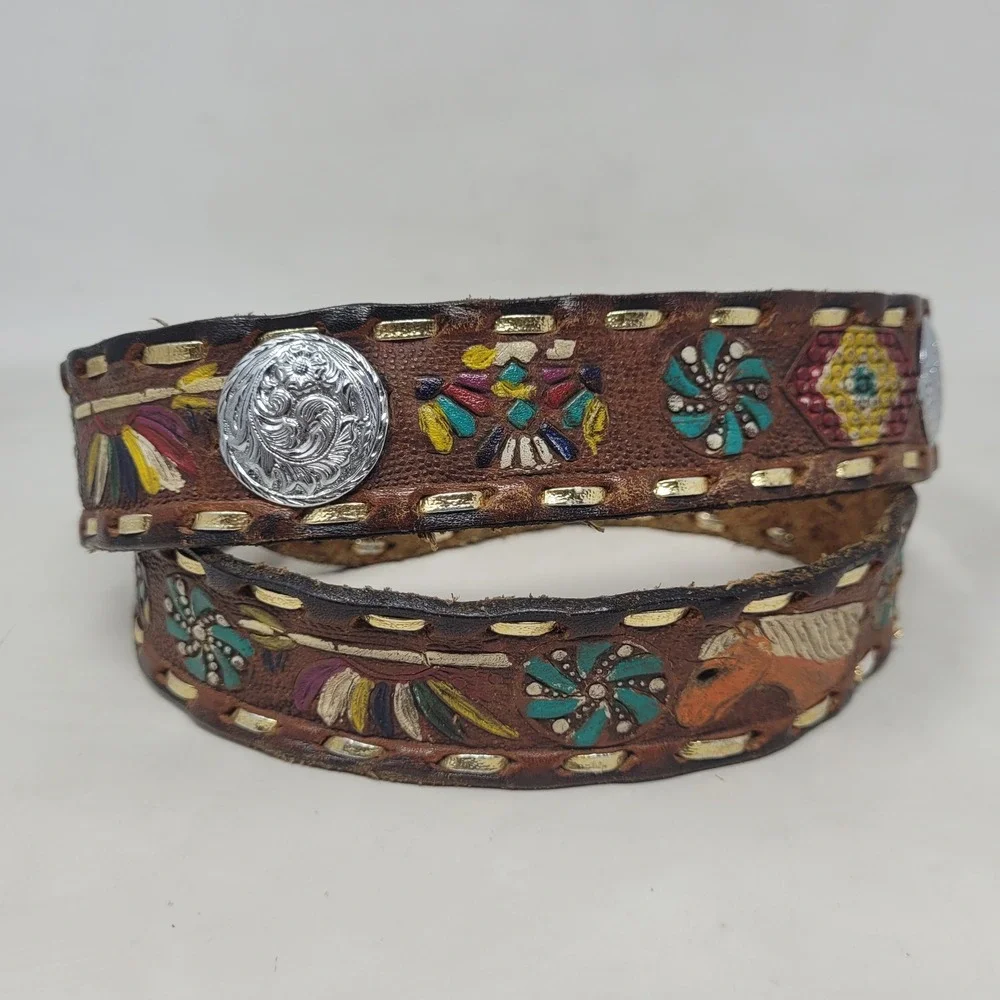 Brown Leather Belt 38 Painted Tooled Leather Concho Western Ranch Cowboy Rodeo